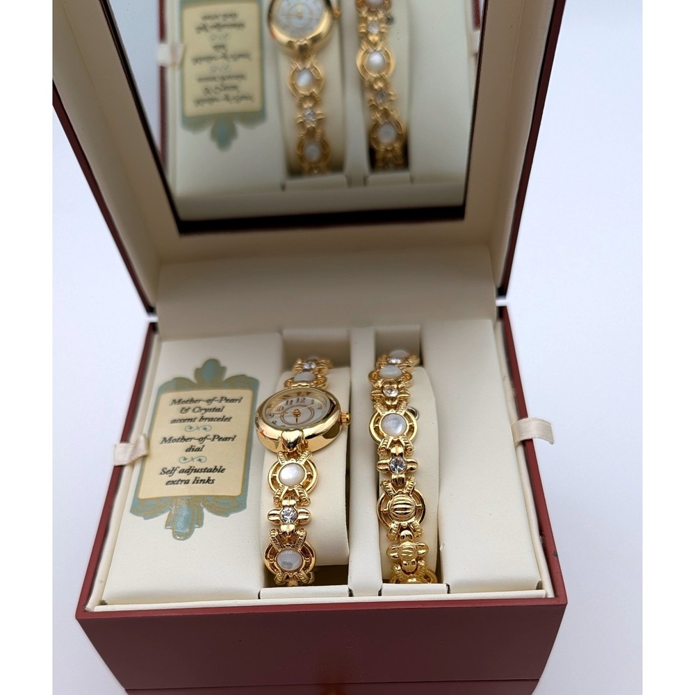 Christian Benet Couture Gold Tone Mother of Pearl Crystal Watch Bracelet Set